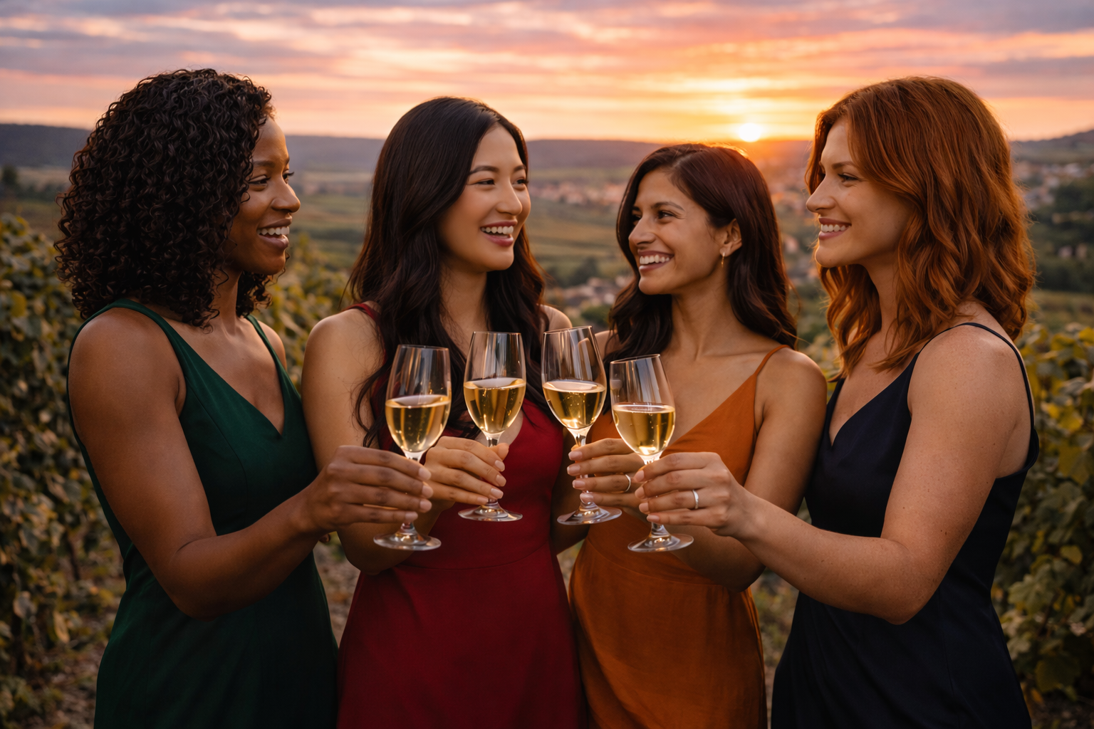 Four girlfriends drinking champagne in the vineyards