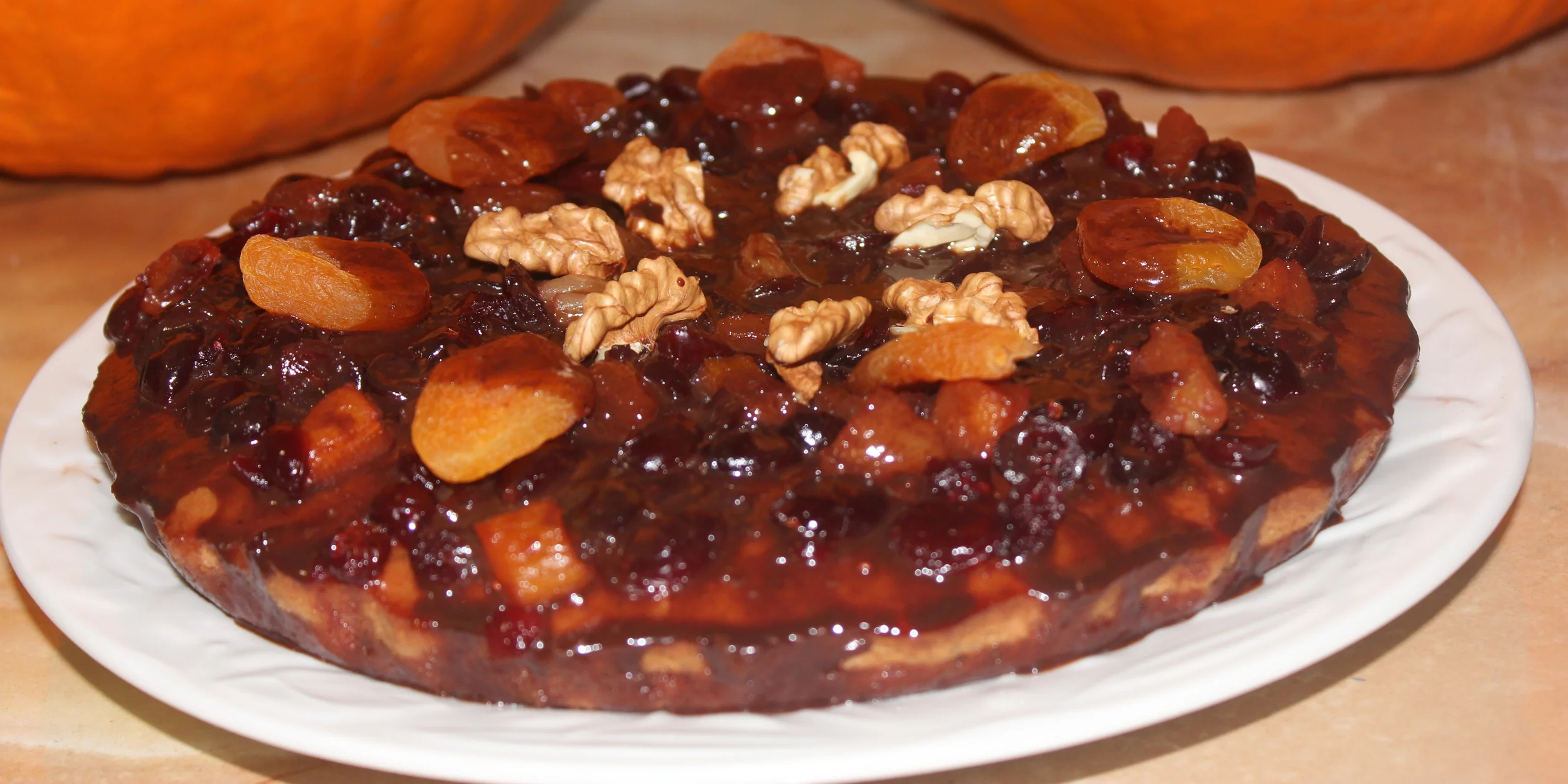 Cocoa Cake with Apricot & Craisin-Cognac Topping and Walnuts
