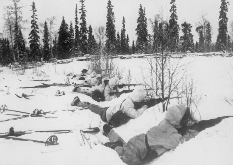 Finnish ski troops take cover in Northern Finland, January 1940.