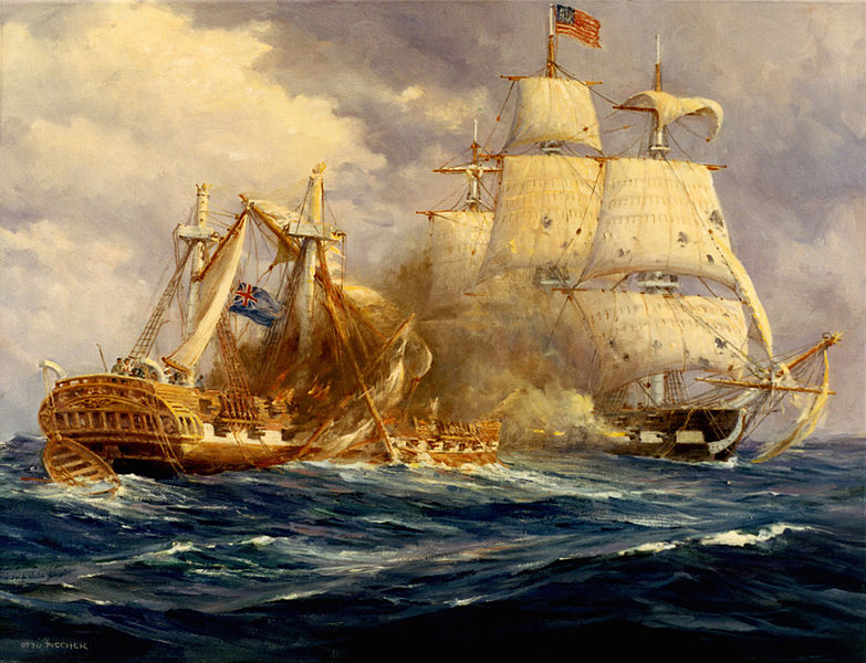 USS Constitution engaging and defeating the frigate HMS Guerriere on August 19, 1812.