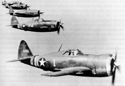 THE REPUBLIC P-47, THE WORKHORSE OF AMERICAN AIRCRAFT IN THE TACTICAL SUPPORT ROLE. THE SINGLE HEAVIEST AIRCRAFT OF THE WAR (AT 10,000 LBS EMPTY), THE P-47 PROVED ITSELF TO BE EXTREMELY CAPABLE OF GROUND SUPPORT. IT WAS ARMED WITH EIGHT .50 CALIBER MACHINE GUNS AND COULD CARRY 10 5 INCH ROCKETS AND UP TO 2,500 LBS. OF BOMBS, ALMOST HALF THE LOAD OF A B-17 HEAVY BOMBER. WHAT WAS MORE, IT WAS CAPABLE OF ABSORBING INCREDIBLE AMOUNTS OF PUNISHMENT, WHICH MEANT THAT IT COULD MAKE REPEATED ATTACKS ON WELL-PROTECTED TARGETS EVEN IN THE FACE OF HEAVY FLAK. PICTURED HERE ARE P-47CS FLYING IN FORMATION IN 1942.