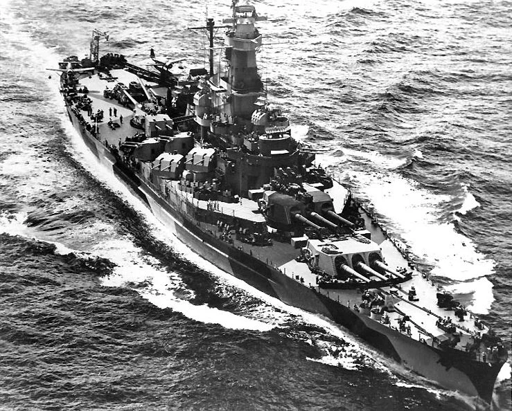 The Indiana in the spring of 1944 after repairs from her collision with the USS Washington .