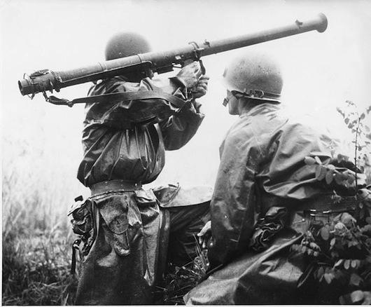 A Bazooka team in action against North Korean armor. The 2.36" bazooka, ineffective during World War II against German armor, was found to be equally ineffective against the Soviet-built T-34 with its sloped armor. 