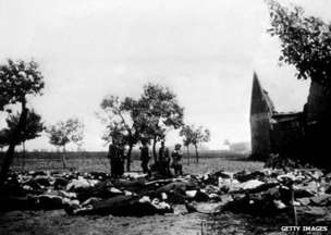 The aftermath of the reprisal killings in the village of Lidice, near Prague. The entire village was killed or deported, and all structures razed to the ground. (image source: Getty Images)