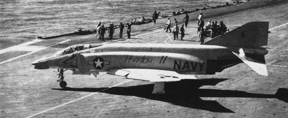 An F4H-1 during carrier trials.