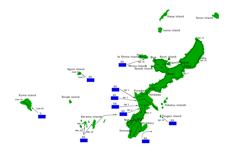 The landing zones for the Tenth Army and marine forces during the invasion of Okinawa.
