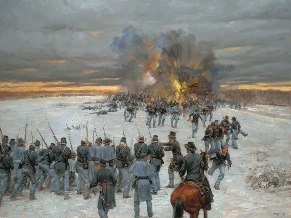 Confederate soldiers attempt to break out of their encirclement on February 15th. Initially successful, the attack was called to a halt in mid-afternoon, then was countered by Union forces later in the day. Source: www.nps.gov
