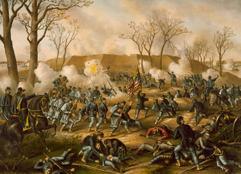 Union soldiers approach the Confederate earthworks of Fort Donelson in this 19th Century illustration. Source: Public domain.