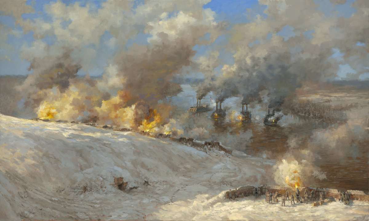 FOOTE'S GUNBOATS EXCHANGING "IRON VALENTINES" WITH THE CONFEDERATE BATTERIES DURING THE AFTERNOON OF FEBRUARY 14TH. SOURCE: WWW.NPS.GOV