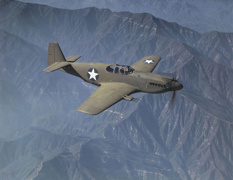 This P-51A is one of the production versions ordered to British standard, evident by the four Hispano 20mm cannons which arm this aircraft, rather than the normal six .50 caliber machine guns. Some of these aircraft were retained by the USAAF. Source: Wikipedia.