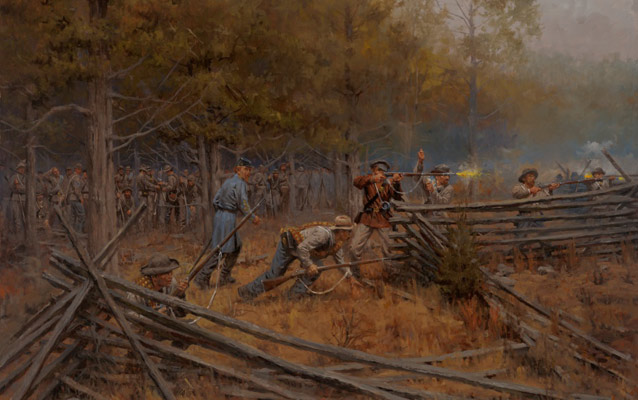 Confederate infantry, taking fire from the Union defensive line along the turnpike, struggle to advance across the cotton fields.
