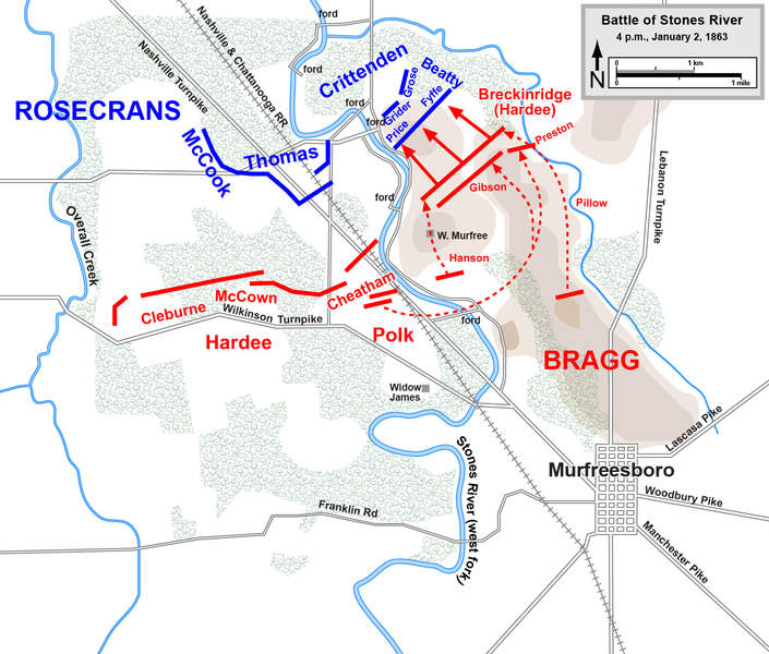 Breckenridge's division attacks the Union positions atop a hill near the river.