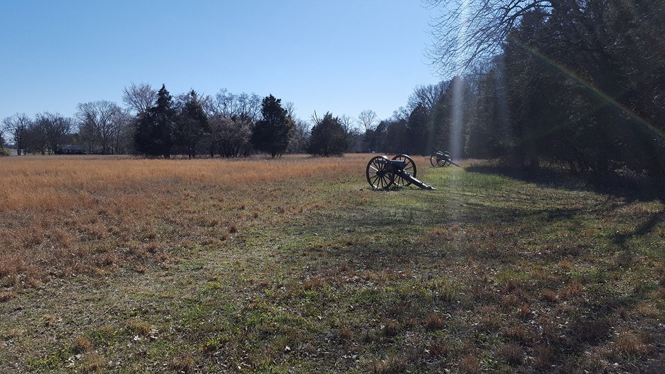 Cannons mark the edge of one of the fields through which Confederate troops advanced.