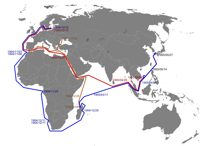 The circuitous route of the various components of the Russian fleet on its way to the Pacific Ocean, from 1904-1905. Source: Wikipedia.