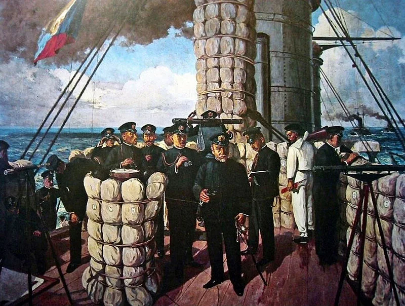Admiral Togo on the bridge of the Mikasa during the Battle of Tsushima. The original painting now hangs in the lower deck of the Mikasa. Photo: Wikipedia.