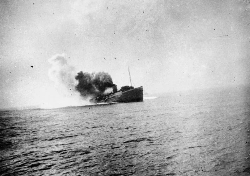 The Mona Queen, a liner from the Isle of Man Steam Packet Company, sinks after striking a mine on 29 May. Photo source: Wikipedia.
