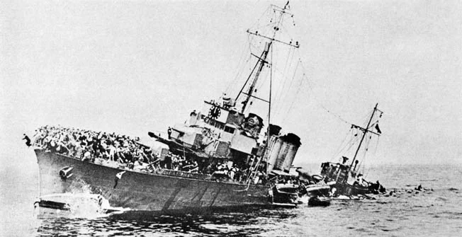The French destroyer Bourrasque sinks after striking a mine on 30 May after having taken on a load of soldiers, who are now jumping overboard. Photo source: Warfare History Network.
