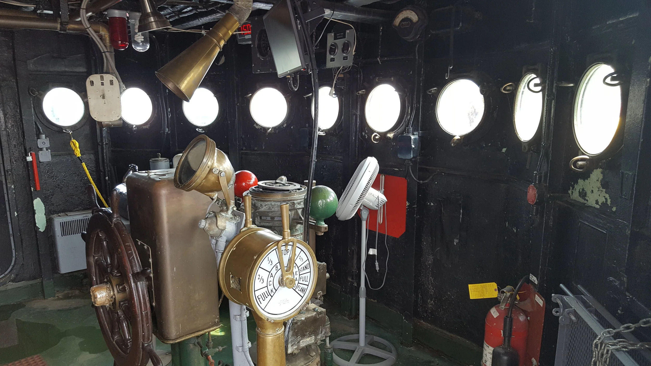 The interior of the original bridge. Today, the USS LST-325 has a modern bridge mounted on the top of the superstructure to meet current requirements for operation. Photo: Author.
