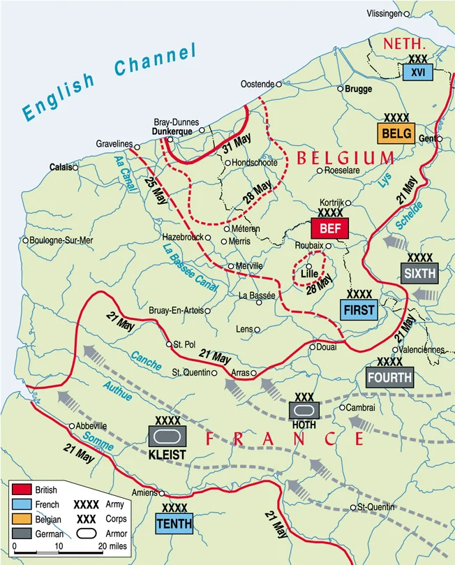 The campaign in France from 21 May to 31 May, ending with the encirclement of the BEF and elements of the French and Belgian armies at Dunkirk. Source: Warfare History Network.
