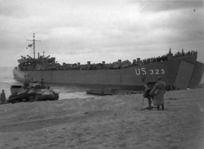 USS LST-325 beached at Slapton Sands in January 1944 during one of the exercises rehearsing the invasion of Normandy. Photo source: author.
