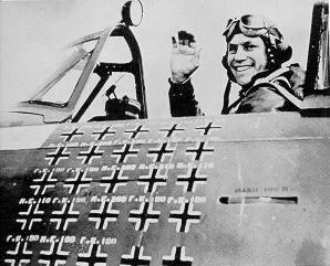 Captain Robert S. Johnson shot down 27 German aircraft over Europe, making him the second-highest scoring 8th Air Force ace. After returning to the US in 1944, he left the military in 1947. He died in 1998 at the age of 78. Photo source: Wikipedia.
