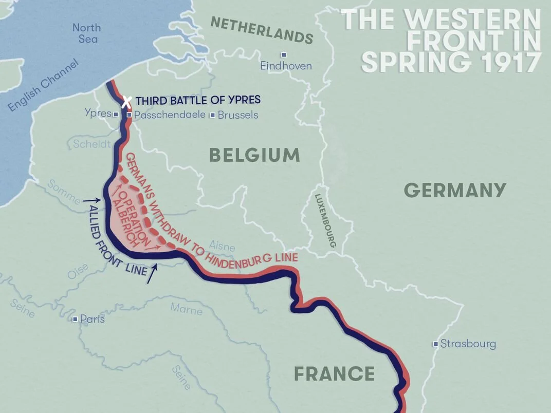 This map shows the extent of the withdrawal that the Germans carried out in the spring of 1917. Photo source: Smithsonian.