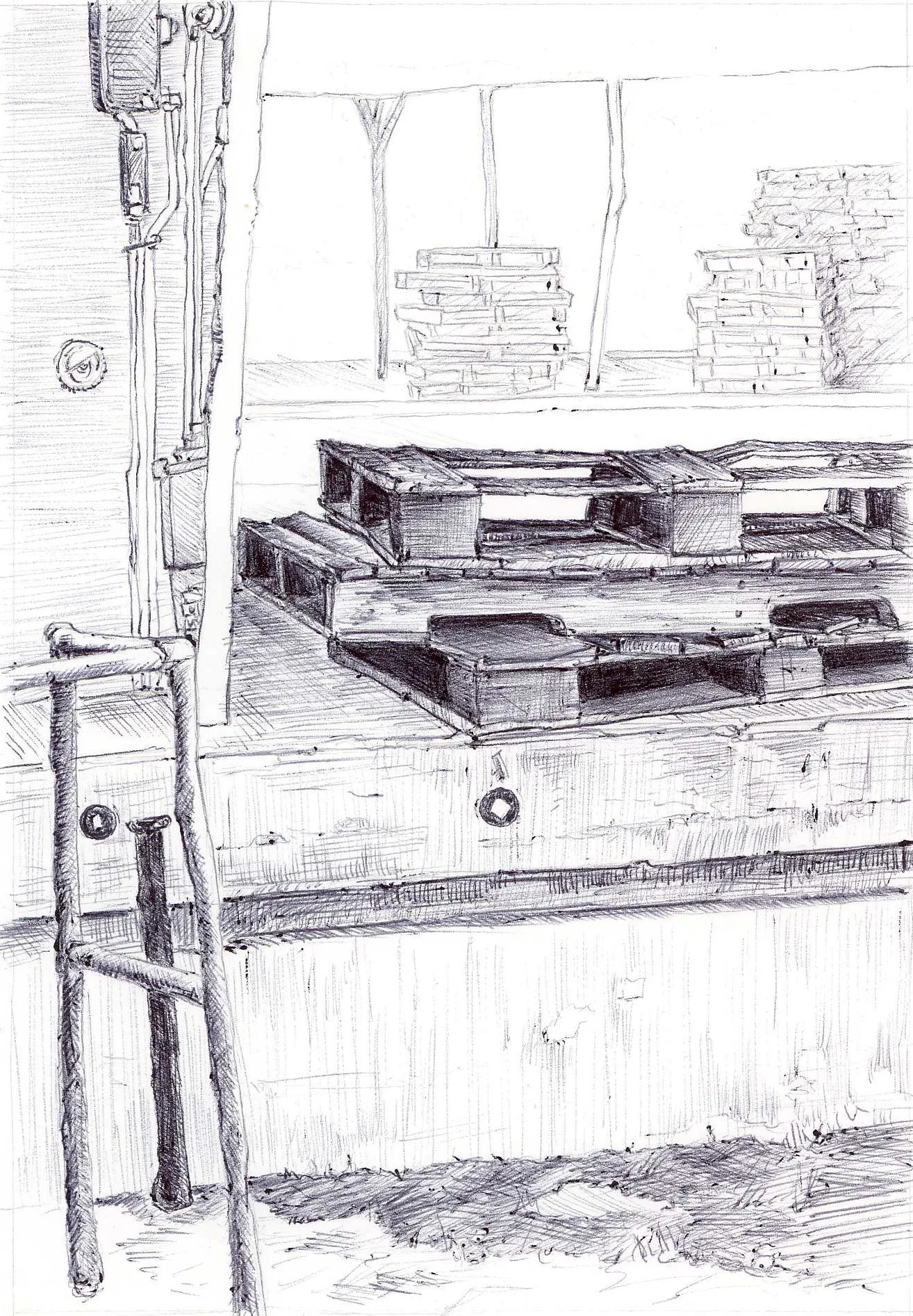 Stacked Palettes, Old Farmer's Market, 4" 6", ball point pen, 2014