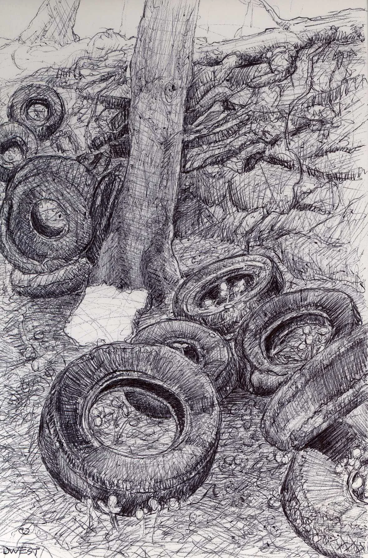 The Tire Tree at the Water Works, 4" 6", ball point pen, 2014