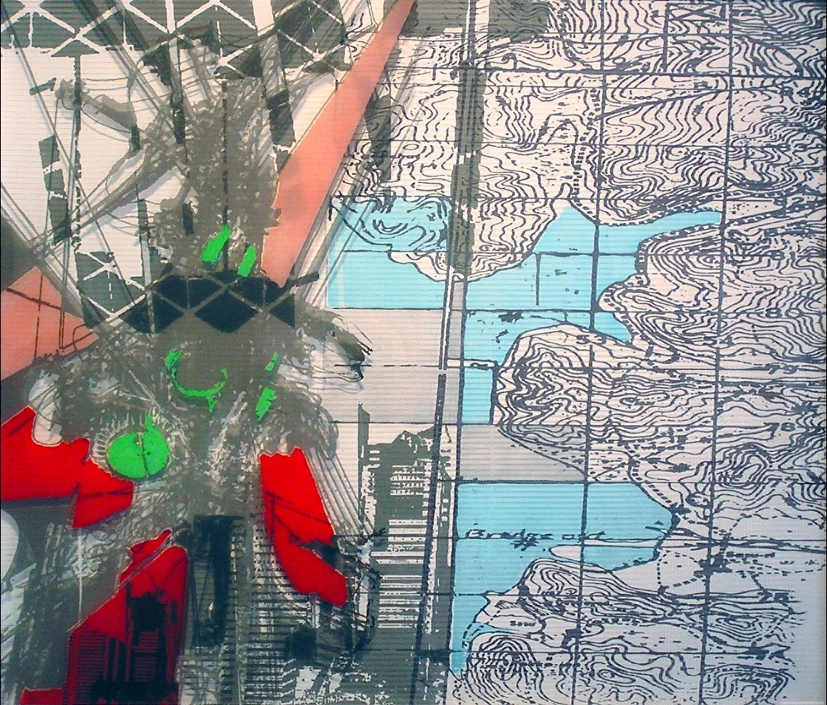Chiba City I, 36" x 36", Screen print on Rives and plexiglass, graphite 2009