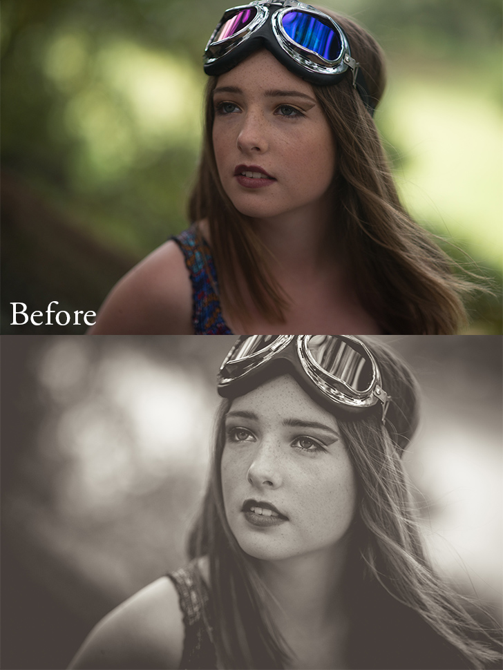 Presets used: 1-Base-Greyscale Matte, 2-Exposure-Brighten, 5-Polish-High Contrast, 5-Polish-Sharpen, 6-Vignette-Black Heavy Brushes used: Enhance Eyes