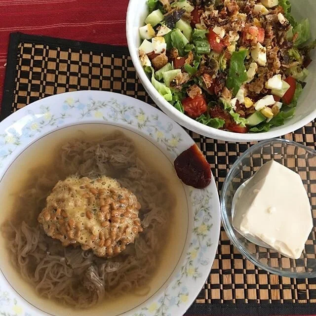 Hi! Happy Saturday! Having a relaxing day at home today and whipped up some lunch with what was in the fridge. Mixed in some veggies and silken tofu with my cold Korean noodles and natto today ⚡️#natto #probiotics #soybeans #healthyfood #losangeles #
