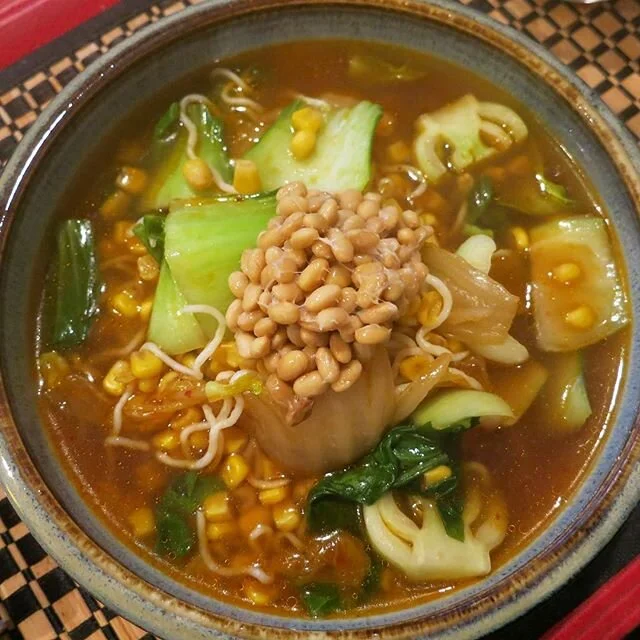 Made an awesome batch of sticky casamamanatto over the weekend!! It came out real good 💖 I tried it out with some #shirataki #ramen and an assortment of toppings. #bokchoy #corn #kimchi ❤️❤️❤️ I&rsquo;m super excited to try this batch with more tast