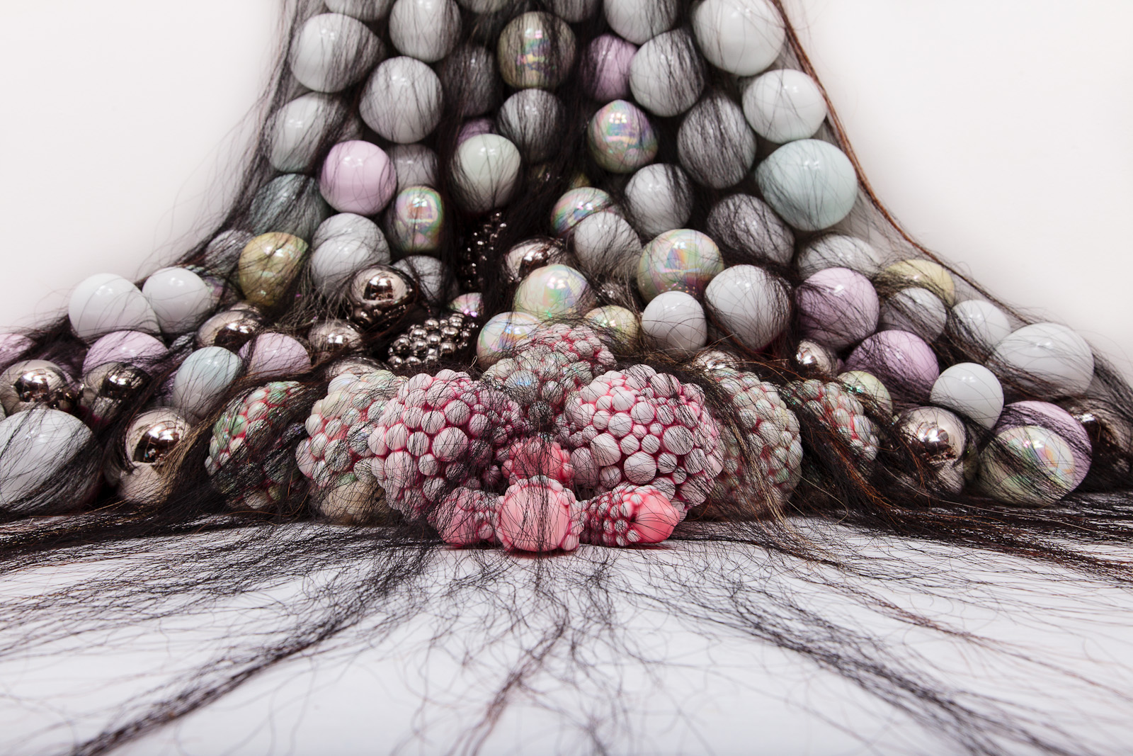 Juz Kiston, Changing Skin (detail), 2013, Melbourne, 5.8 m x 5.0 x x 1.4 m (dimensions variable), Southern ice porcelain, Jingdezhen porcelain (pig fat porcelain), terracotta clay, parrafin wax, horse, fox and goat hair, alpaca and sheep wool, deer and cow hide, flocking, resign, natural found material, silk thread, tulle, polyurethane, courtesy of the artist and Greenaway Art Gallery