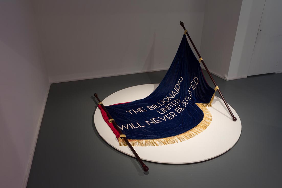 Deborah Kelly, Night Falls in The Valley , 2014, pigment ink on silk velvet, silk lining, vintage trims, wood, diamond. Installation view Contemporary Art Centre of SA. Photograph by Sam Roberts.