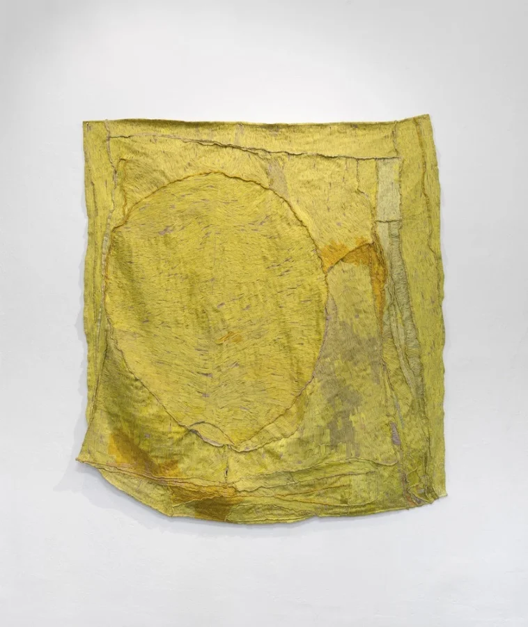Teelah George, Australia, born 1984, The Persistent Yellowing (time piece) , 2016, cotton thread, linen, bronze, 170 x 157 cm; Courtesy of the artist. Photo: Grant Hancock