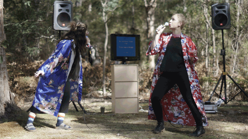 Lauren Abineri and Kate Kurucz represent FELTspace at Nature Karaoke , Hobiennale 2017 . GIF by Thomas Capogreco.