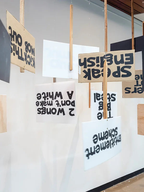 Megan Cope, Quandamooka people, Queensland, Resistance , 2013, Melbourne, enamel on cardboard, coreflute and timber, dimensions variable. Installation view, Art Pod, Adelaide, 2017 - 18. Courtesy the artist and THIS IS NO FANTASY + dianne tanzer gallery. Photo by Sam Roberts.