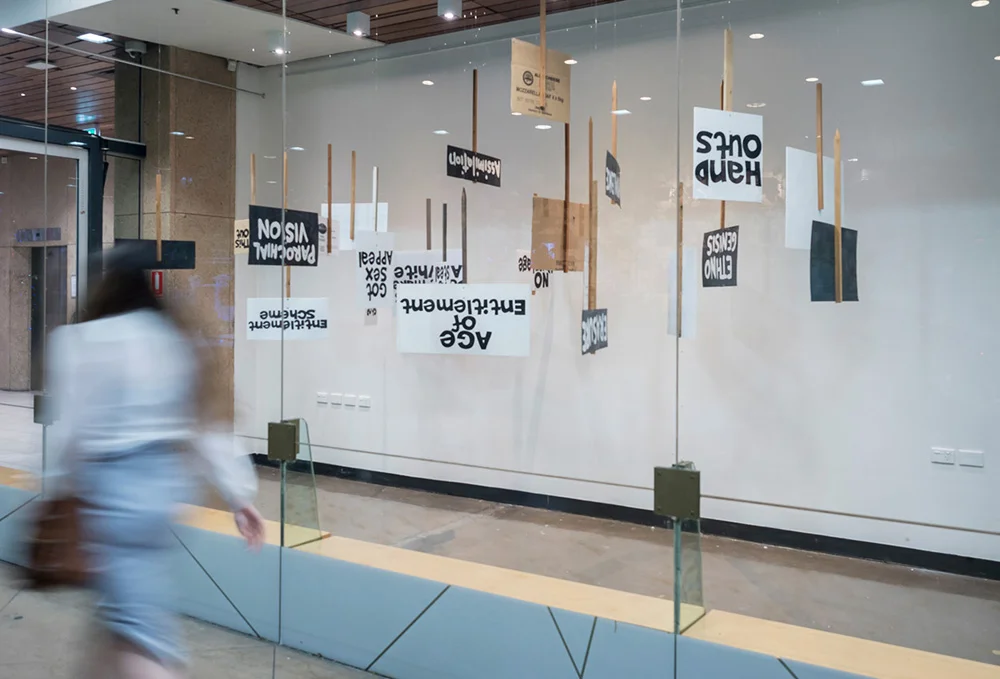 Megan Cope, Quandamooka people, Queensland, Resistance , 2013, Melbourne, enamel on cardboard, coreflute and timber, dimensions variable. Installation view, Art Pod, Adelaide, 2017 - 18. Courtesy the artist and THIS IS NO FANTASY + dianne tanzer gallery. Photo by Sam Roberts..