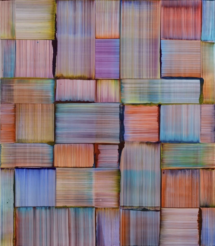Bernard Frize, Vatu 2018, acrylic and resin on canvas, aluminium frame, 250 x 215cm. Courtesy the artist and Simon Lee Gallery.