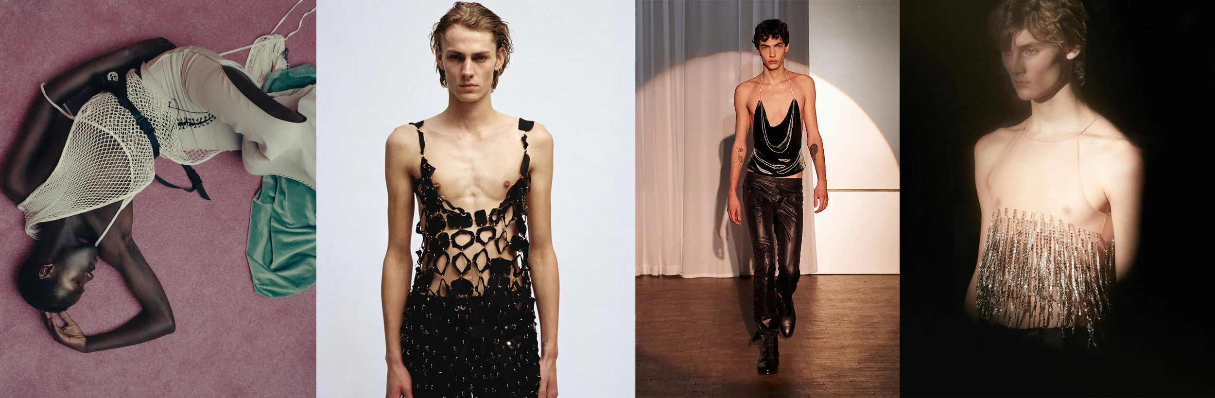 L-R: Eyelet flare pants SS18 in Vogue Italia. Photography Katie Burdon / Full look 3 AW18 in ANSINTH. Photography Fabien Kruszelnicki / Collection Automne Hiver 19 Look 22. Photography Pascal Gambarte / Collection Automne Hiver 19 Look 20. Photography Winter Vanderbrink.