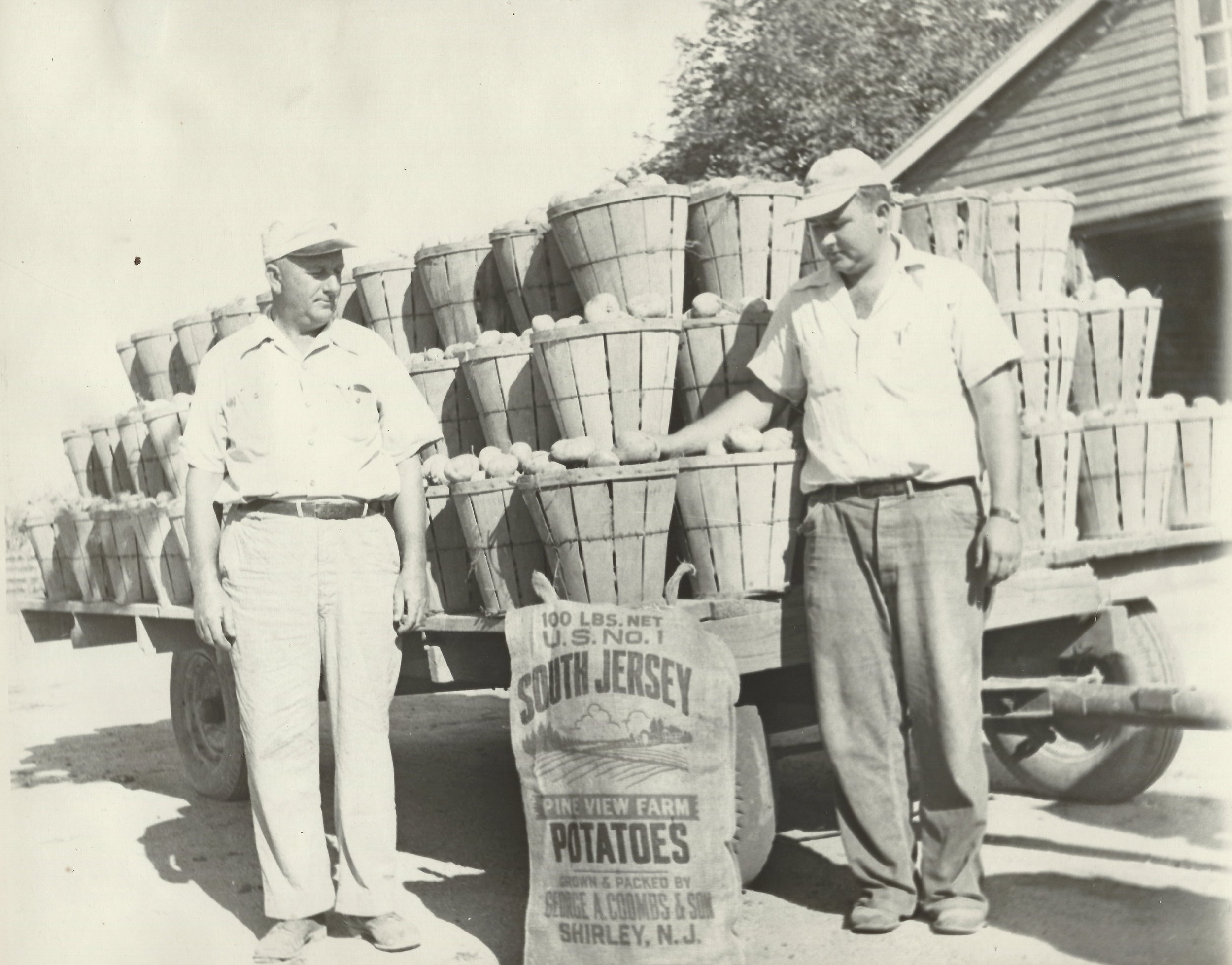 George A. Coombs Sr. and George Jr. in front of wagon loaded with potatoes in 1950s