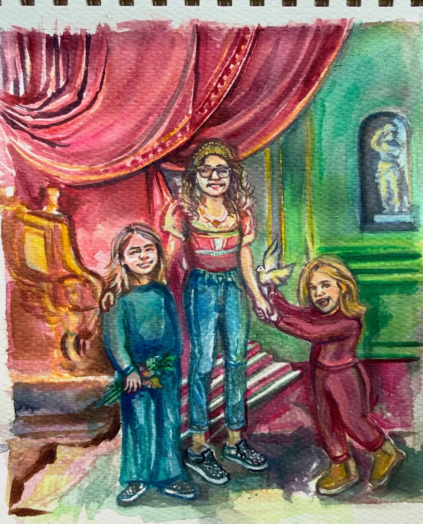 Day 7 - Dynasty #sketchuary #sketchuary2026 

I spent way too many days on day 7 painting this &ldquo;Royal&rdquo; watercolor of me and my kids. Neither of them wanted crowns. They left the princess stage behind them a while ago. Makes me a little sa