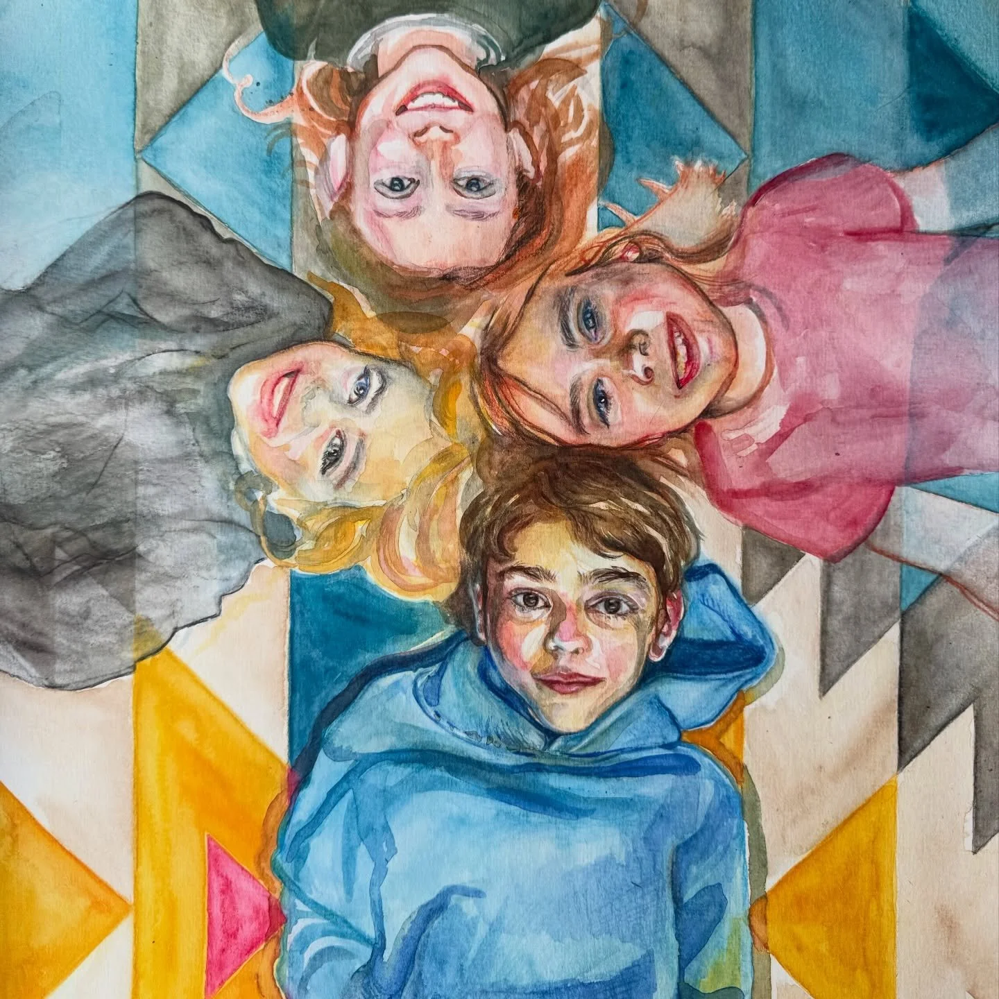 5/100 In process watercolor with some smudge face kiddos. Taking a break from this one for a few days. Hope to finish it up next week. 🙌🏽😊 #the100dayproject