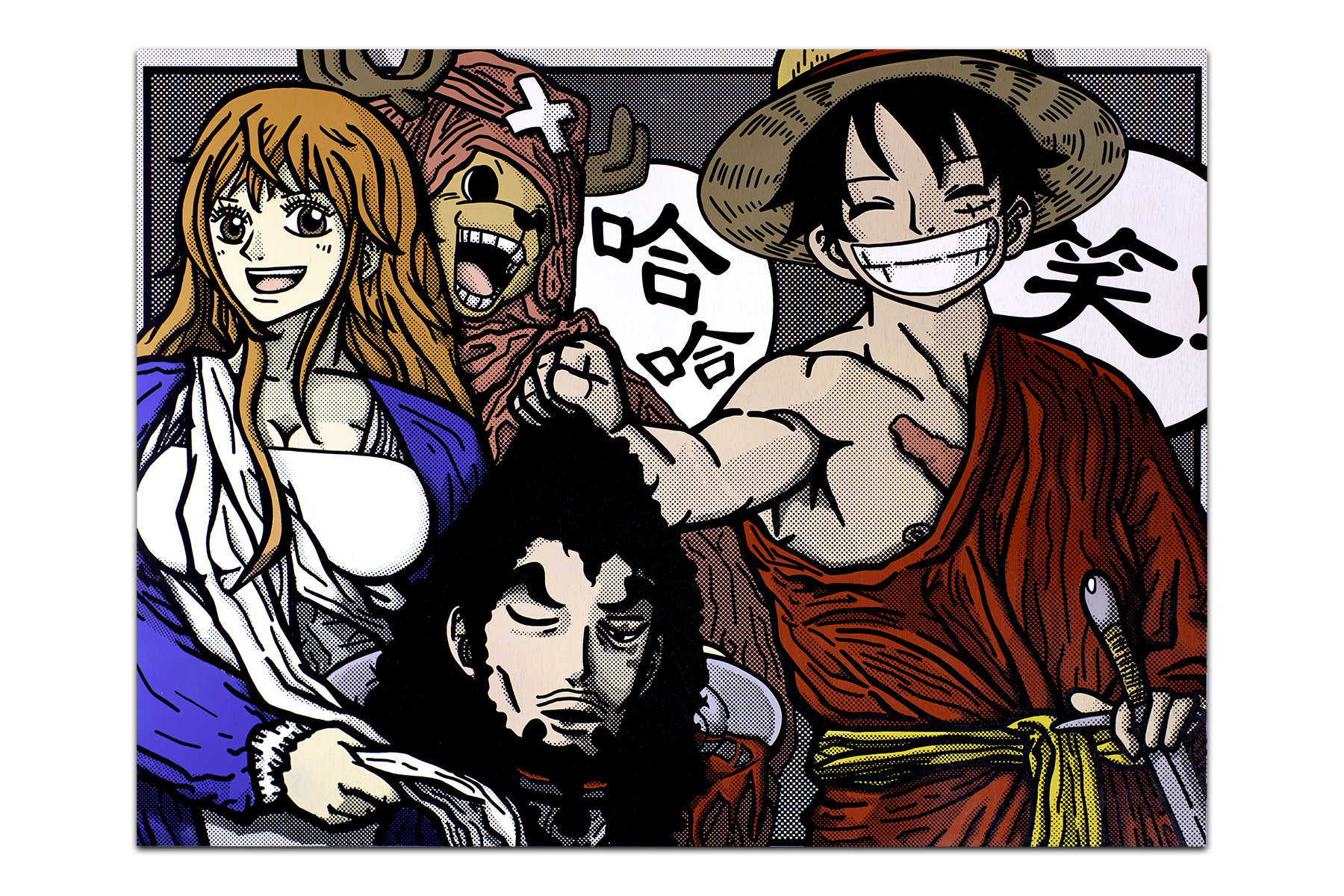 Nami Receiving The Head of Rob Lucci 2019 - 40 x 30 inches / 101.6 x 76.2 cm Acrylic, Die-Cut Stencil and Screen Print on Wooden Panel