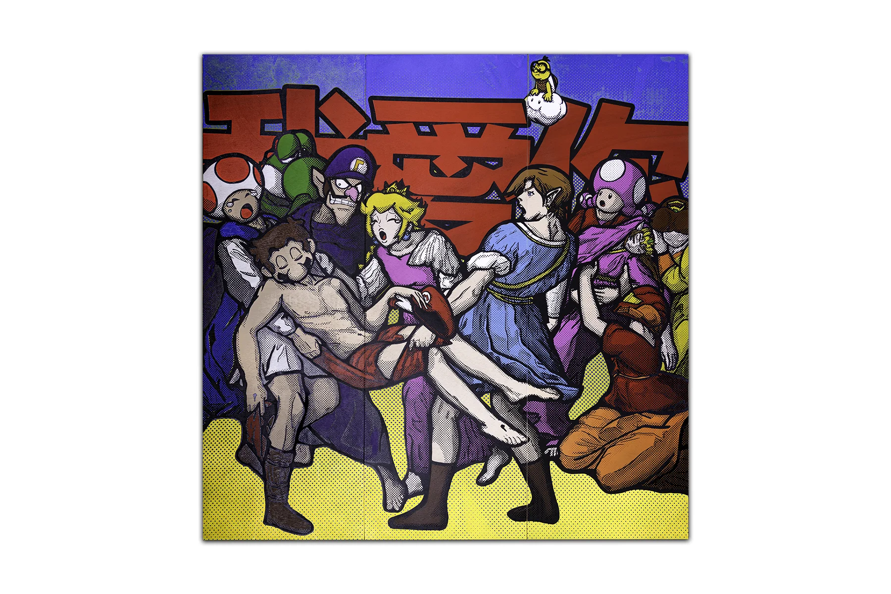 The Entombment of Mario 2019 - 48 x 48 inches / 121.9 x 121.9 cm Lacquer, Acrylic, Die-Cut Stencil and Screen Print on 3 Wooden Panels