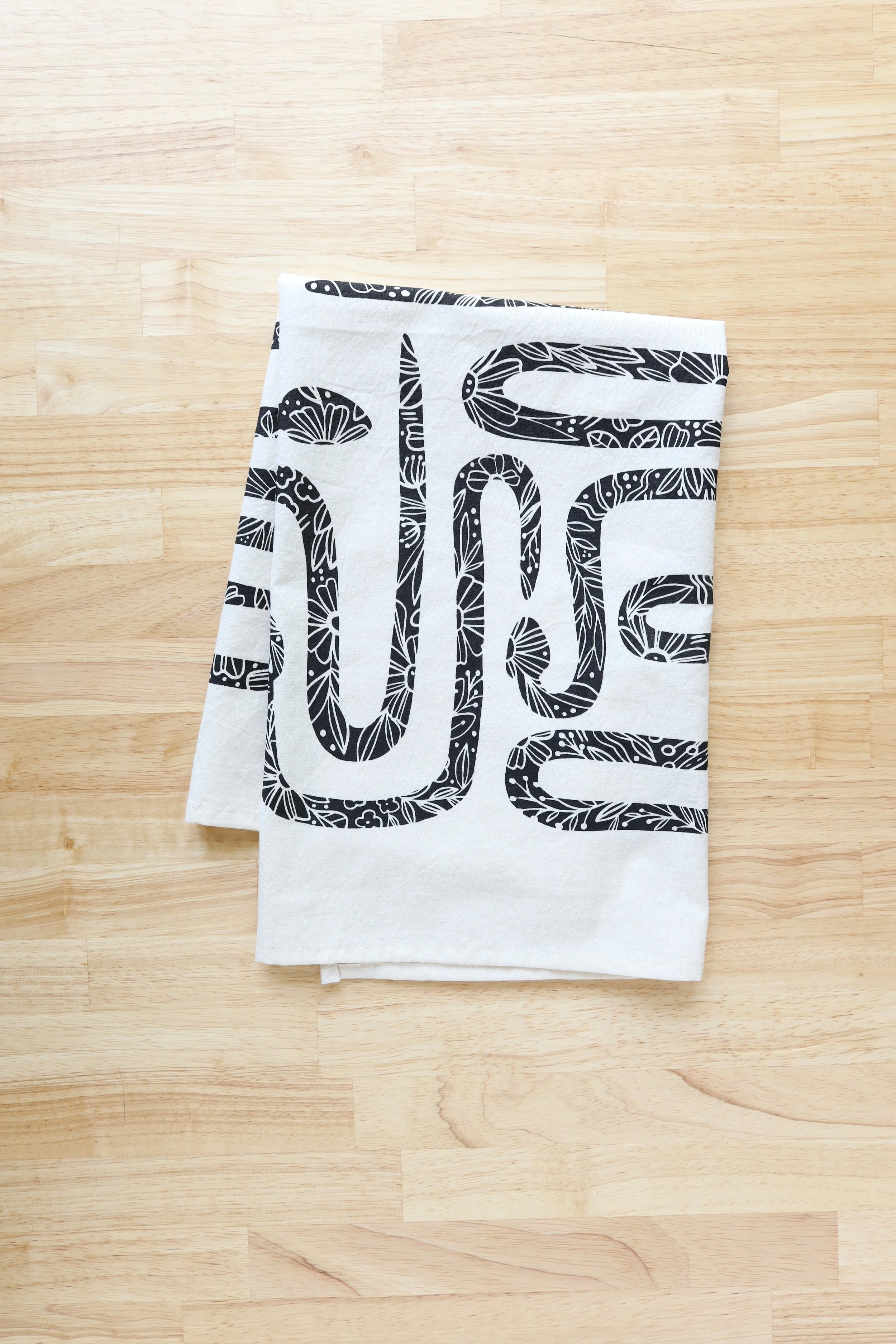 Garden Snake Tea Towel, Natural Cotton botanical Snake Print, Hand Printed