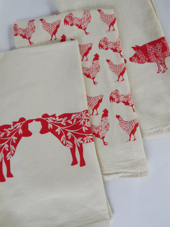 Flour Sack Towel, Hand Printed, Red Cows, Kitchen Towels