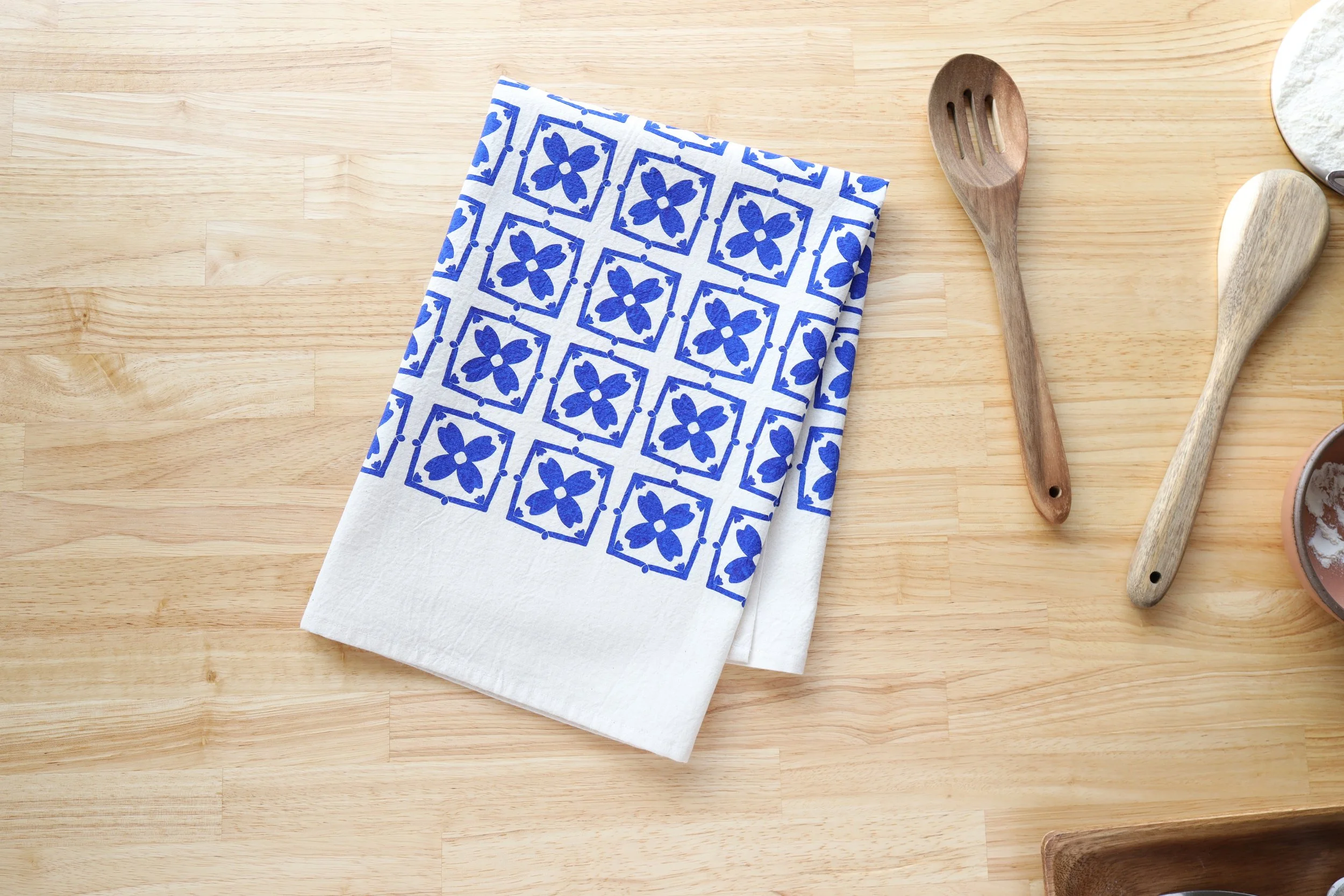 Blue Floral Tile Kitchen Towel –Botanical Towel, Eco-Friendly, Handprinted on Natural Cotton