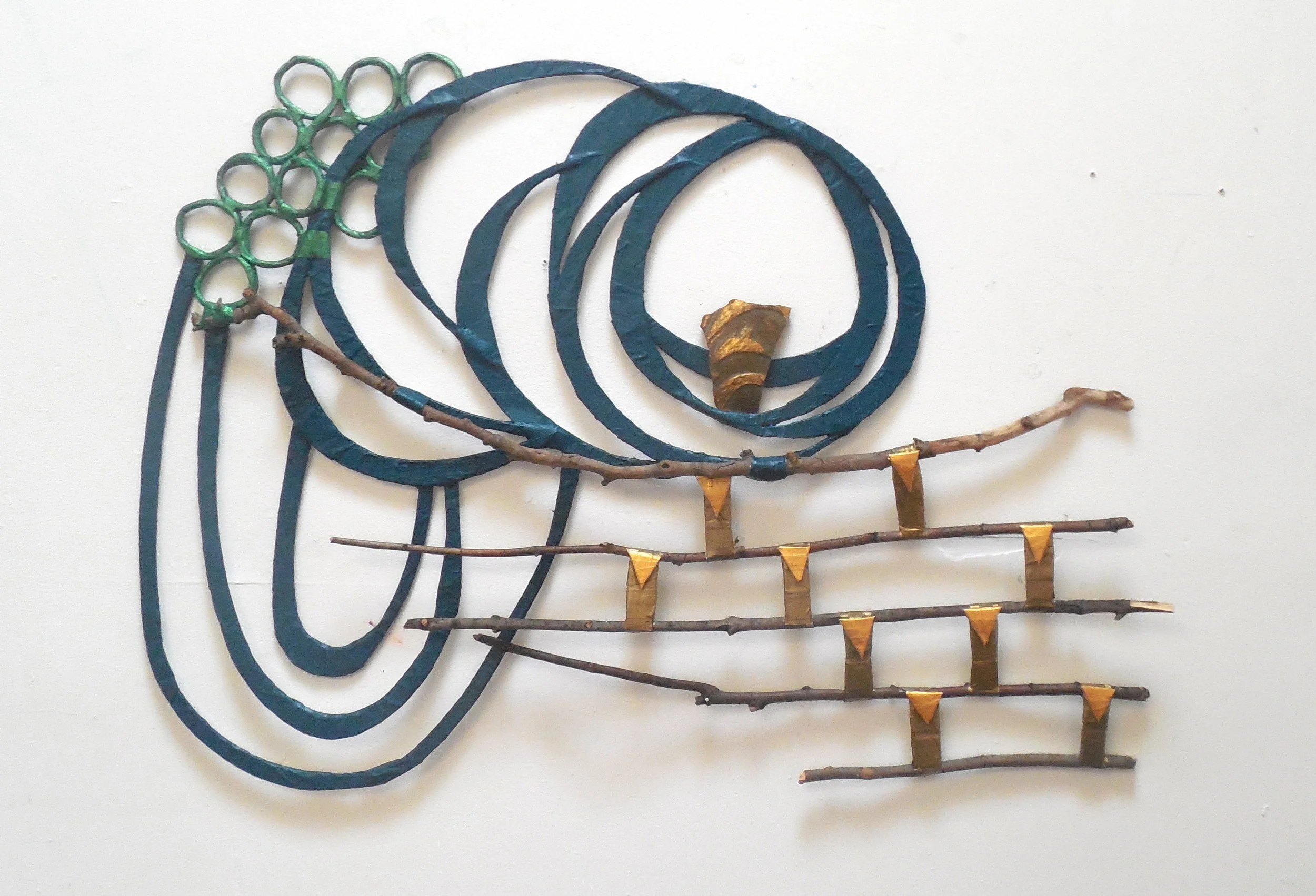 We used to talk underwater, 2017 / papier mache, polymer clay, wood, found ceramic fragment, acrylic paint /25 x 34 x 2 inches