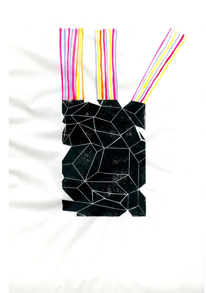 The search for nemesis, 2015 / linoleum block print and acrylic on rice paper / 14 x 12 inches